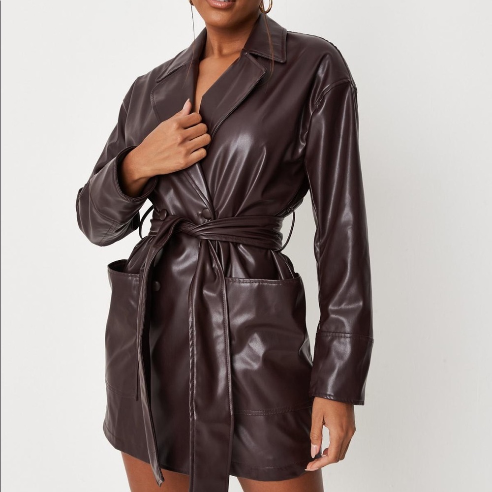 (SOLD ON DEPOP) Chocolate Brown Faux Leather Tie Waist Blazer Dress